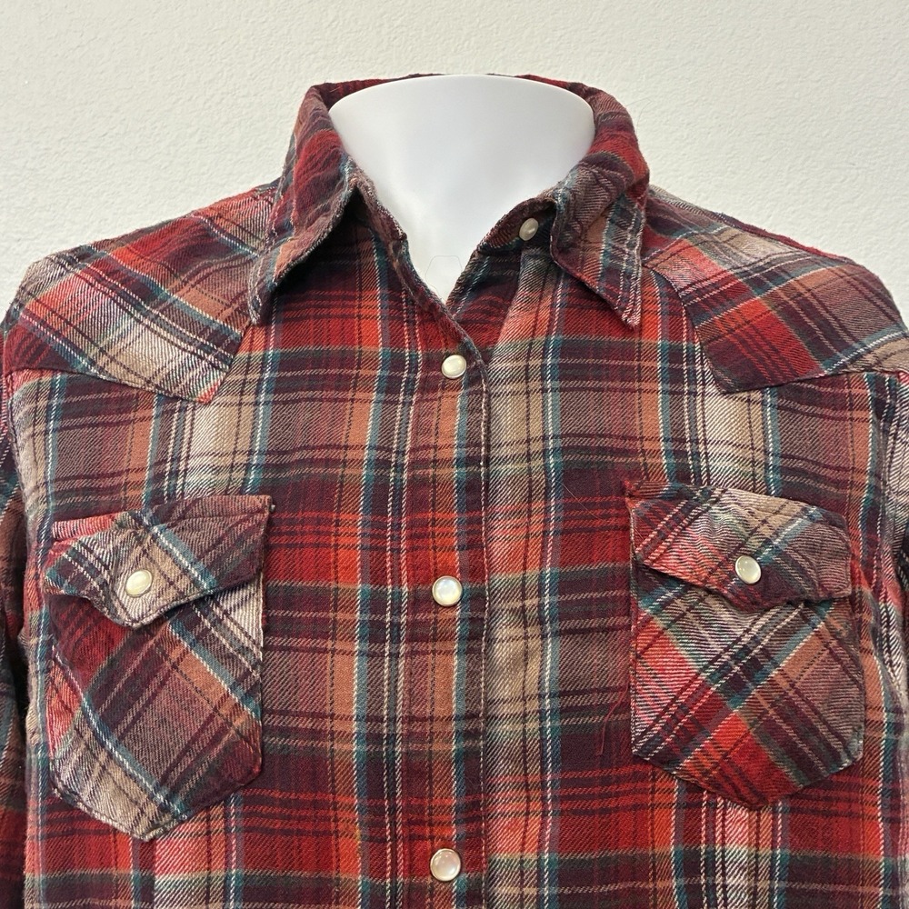 Vintage Wrangler Pearl‎ Snap Flannel Western Shirt Mens M Red Plaid Cowboy Ranch